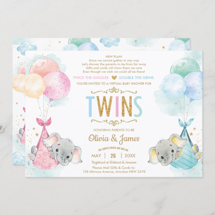 Cute Twins Boy Girl Elephant Baby Shower By Mail Invitation Zazzle Com