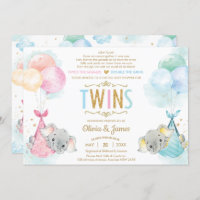 Cute Twins Boy Girl Elephant Baby Shower by Mail Invitation