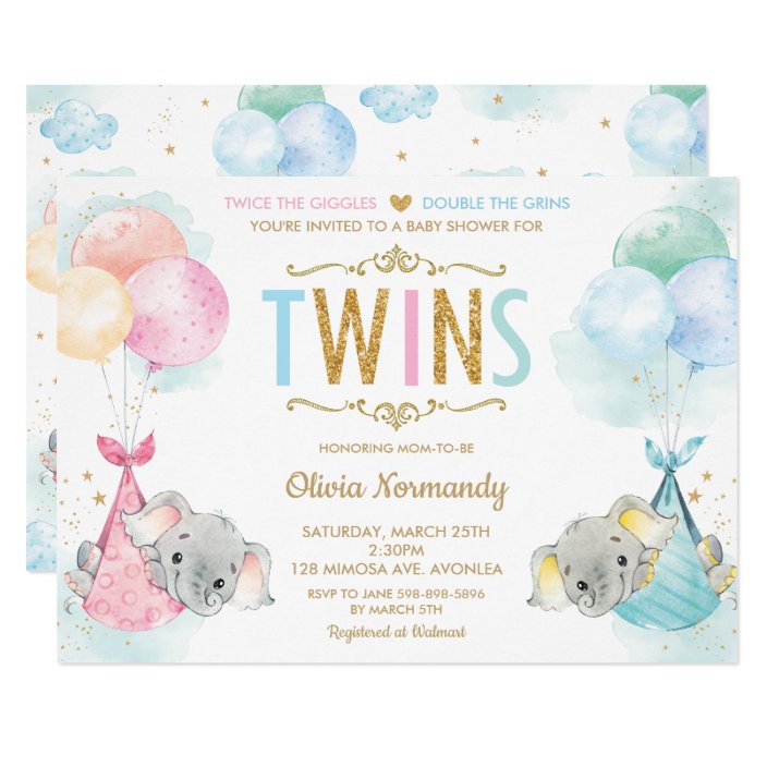Cute Twins Boy Girl Elephant Baby Shower Sprinkle Invitation