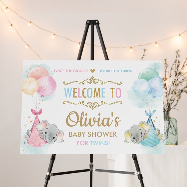 Cute Twins Boy Girl Elephant Baby Shower Welcome Foam Board (In Situ (Stand))