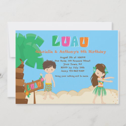 Cute Twins Boy  Girl Luau Birthday Invitation