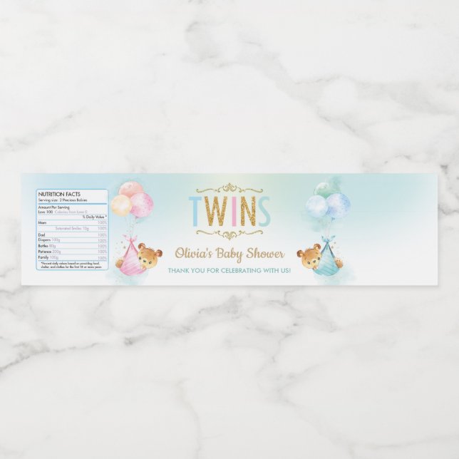 Cute Twins Boy Girl Teddy Bear Baby Shower Favor Water Bottle Label (Single Label)