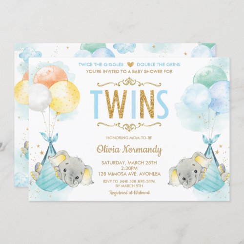 Cute Twins Boys Elephant Baby Shower Sprinkle Invitation