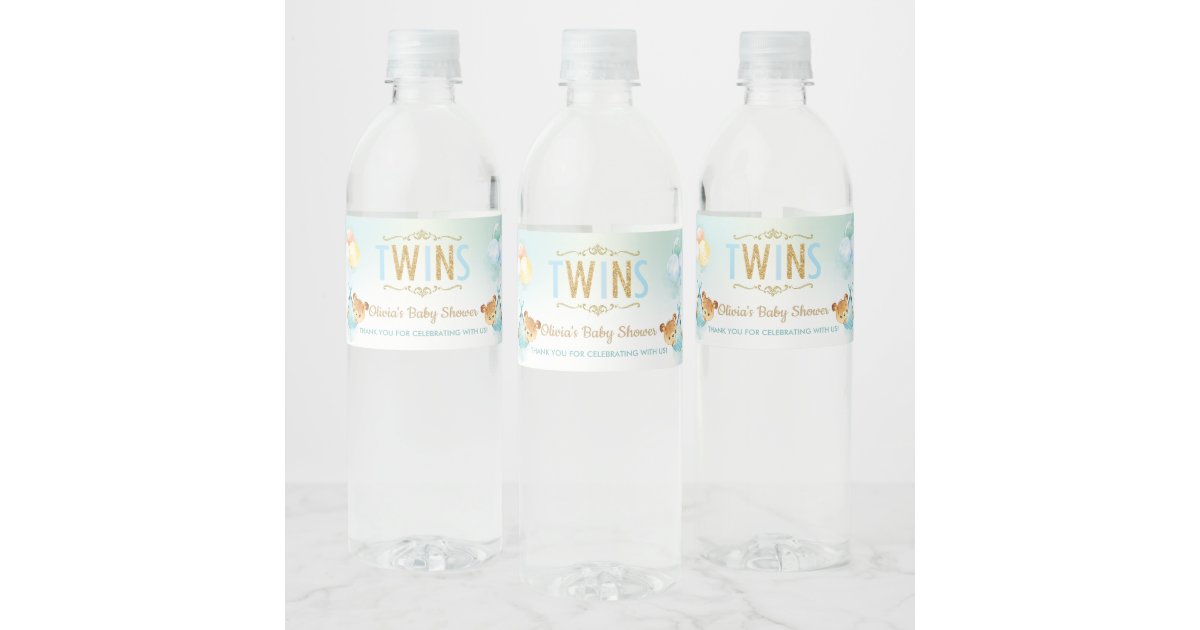 Cute Twins Boys Teddy Bear Baby Shower Favor Water Bottle Label | Zazzle