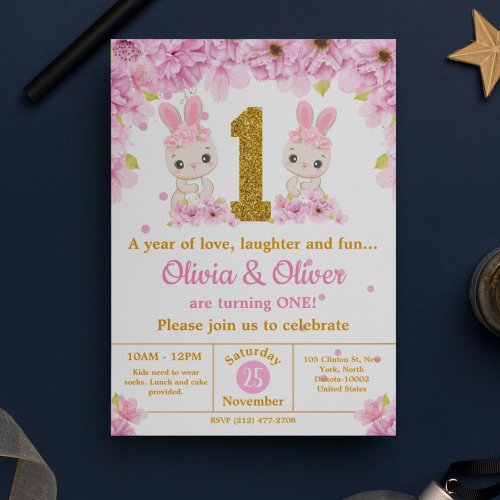 Cute Twins Bunny Rabbit Girls 1st Birthday Party Invitation