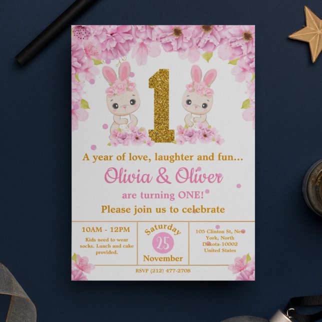 Cute Twins Bunny Rabbit Girls 1st Birthday Party Invitation (Creator Uploaded)