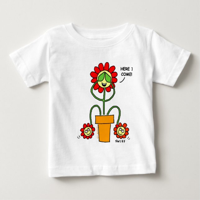 Cute Twins Cartoon Flowers Mom with Twin Babies Baby T-Shirt (Front)