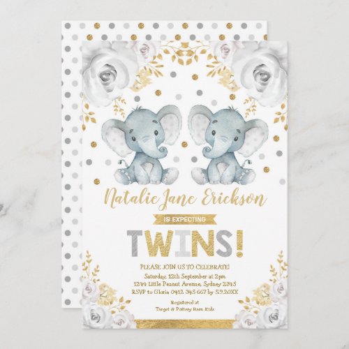 Cute Twins Elephant Baby Shower Alabaster Floral Invitation