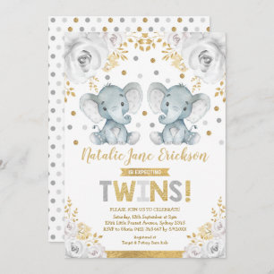Cute Twins Elephant Baby Shower Alabaster Floral Invitation