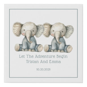 Cute Twins Elephants Adventure Begins Faux Canvas Print