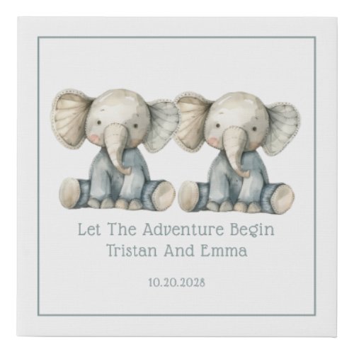 Cute Twins Elephants Adventure Begins Faux Canvas Print