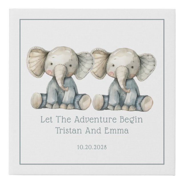 Cute Twins Elephants Adventure Begins Faux Canvas Print (Front)