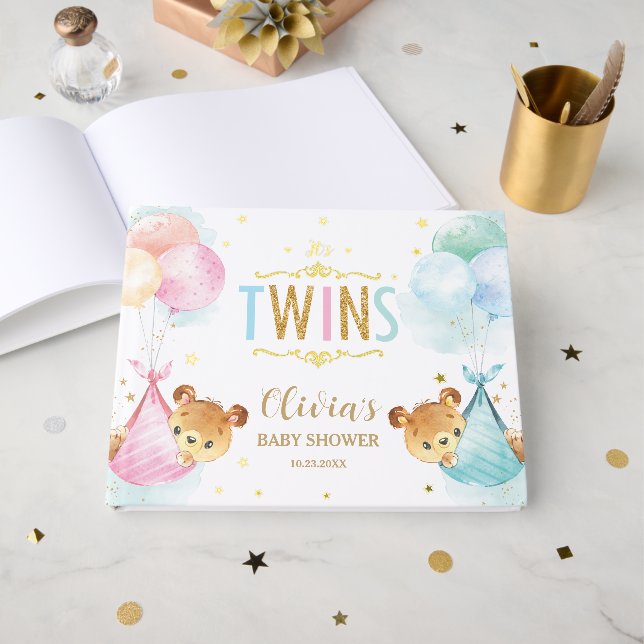Cute Twins Girl Boy Teddy Bears Twin Baby Shower Foil Guest Book (Front Open)