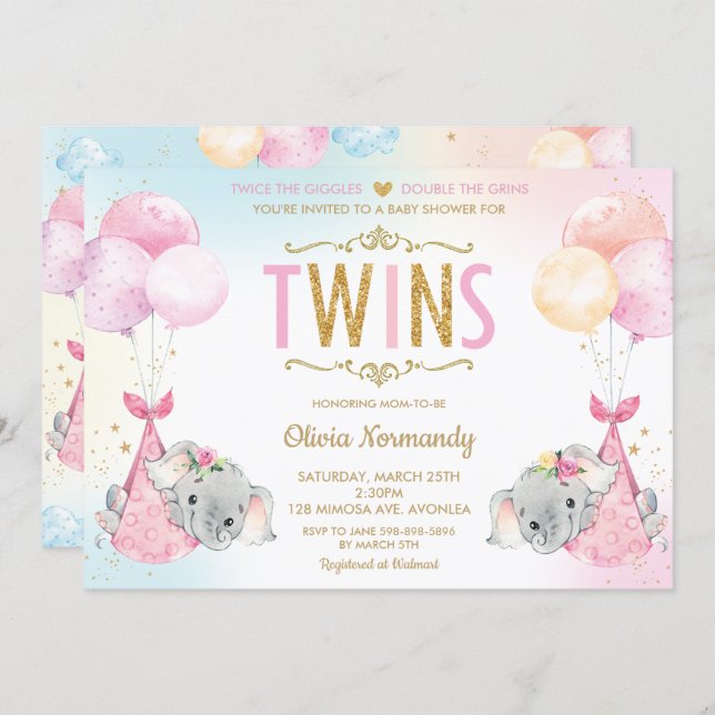 Cute Twins Girls Elephant Baby Shower Sprinkle Invitation (Front/Back)