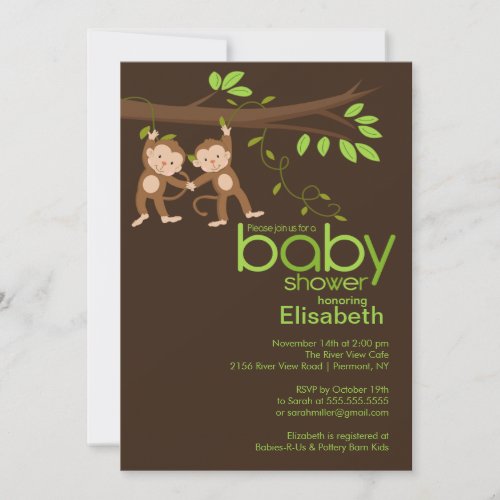 Cute Twins Jungle Monkey Baby Shower Custom Invites