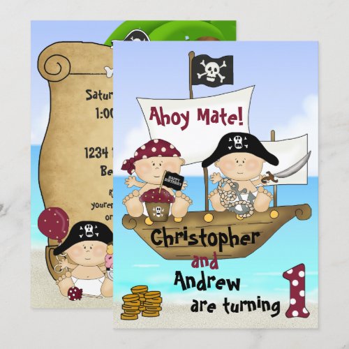 Twins Little Buccaneer 1st Birthday Pirate Invite