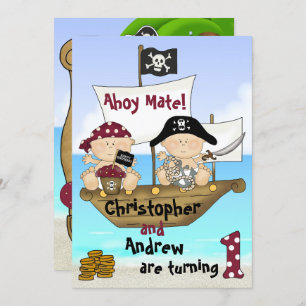 Cute Twins Little Buccaneer ~ Pirate 1st Birthday Invitation
