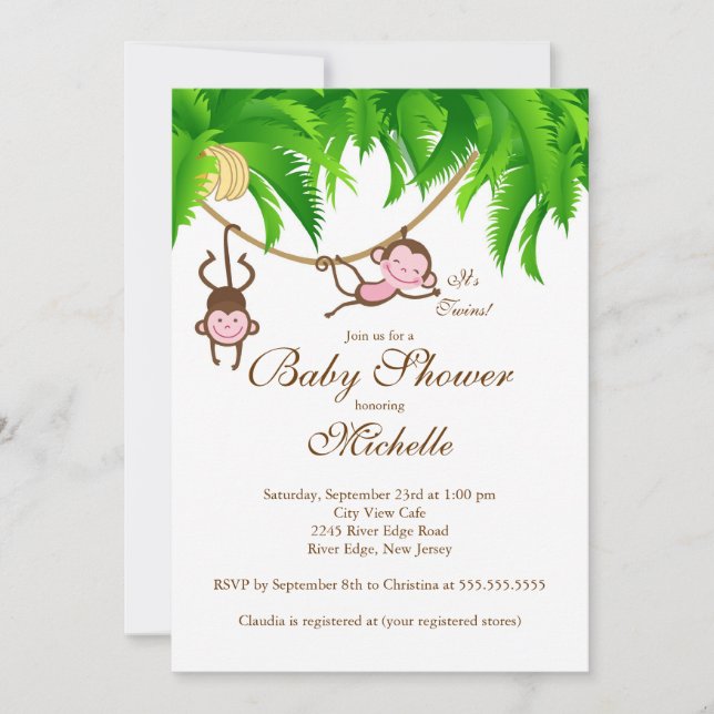Cute Twins Little Monkey Baby Shower Invitation (Front)