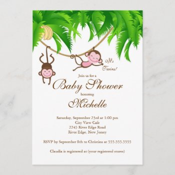Cute Twins Little Monkey Baby Shower Invitation by alleventsinvitations at Zazzle