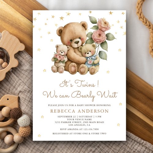 Cute Twins Mama and Baby Teddy Bears Baby Shower Invitation