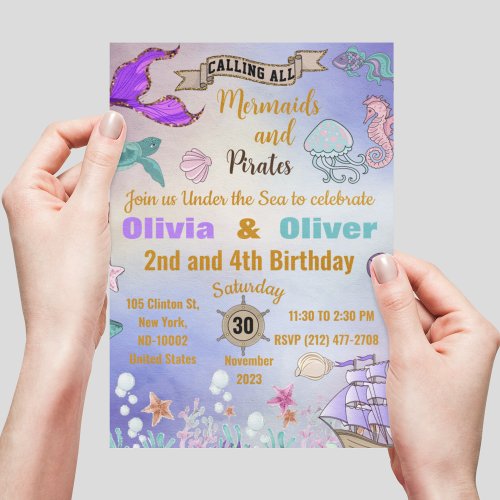 Cute Twins Mermaids and Pirates Birthday Party Invitation