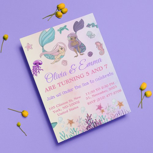 Cute Twins Mermaids and Pirates Birthday Party Invitation