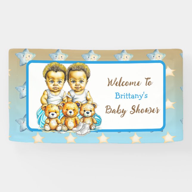 Cute Twins of color Baby Boys Baby Shower Treats Banner (Horizontal)