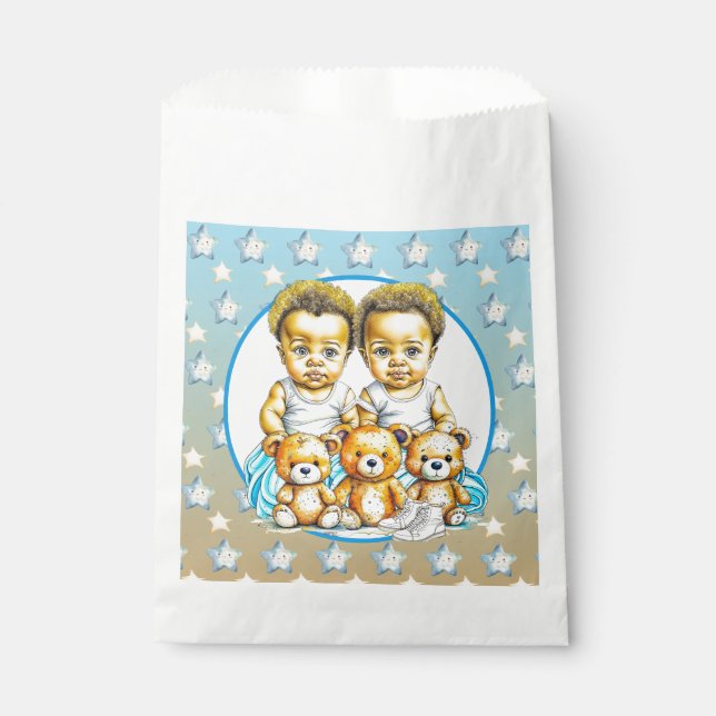 Cute Twins of color Baby Boys Baby Shower Treats Favor Bag (Front)