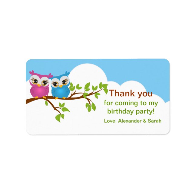Cute Twins Owls Girl Boy Birthday Favor Label (Front)