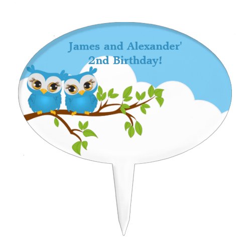 Cute Twins Owls on Branch Boys Cake Topper