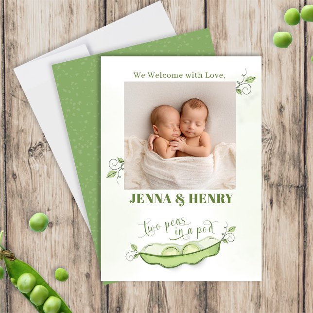 Cute Twins Photo Peas in a Pod  Invitation (Twins baby photo announcement with two peas in a pod. )