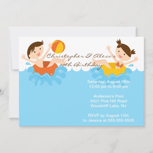 CUTE Twins Pool Party Birthday Invitation