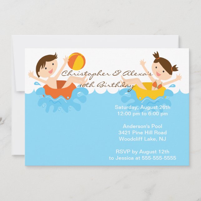 CUTE Twins Pool Party Birthday Invitation (Front)