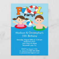 CUTE Twins Pool Party Birthday Invitation Girl Boy