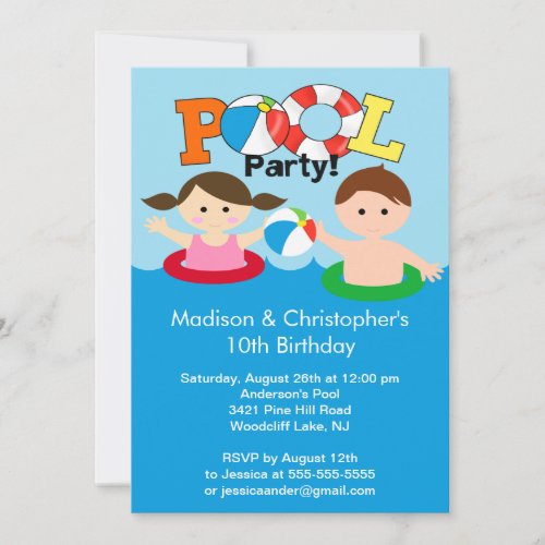 CUTE Twins Pool Party Birthday Invitation Girl Boy