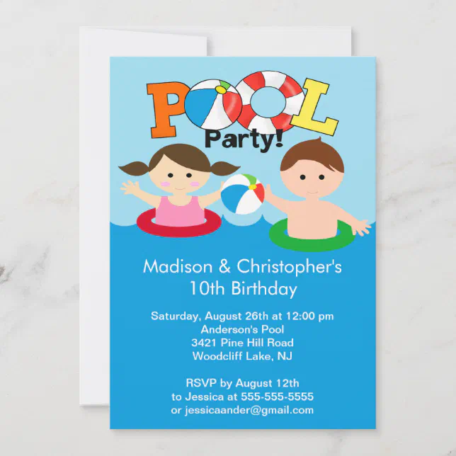 CUTE Twins Pool Party Birthday Invitation Girl Boy | Zazzle