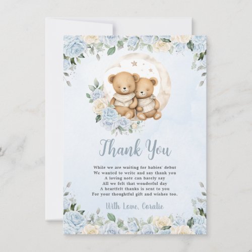 Cute Twins Teddy Bears Blue Floral Boy Baby Shower Thank You Card