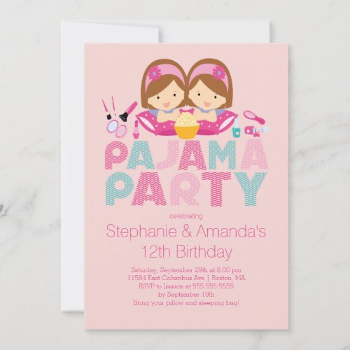 Cute TWINS Tween Pajama Birthday Party Invitation