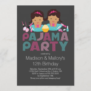 Cute TWINS Tween Pajama Birthday Party Invitation