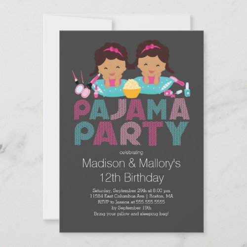 Cute TWINS Tween Pajama Birthday Party Invitation