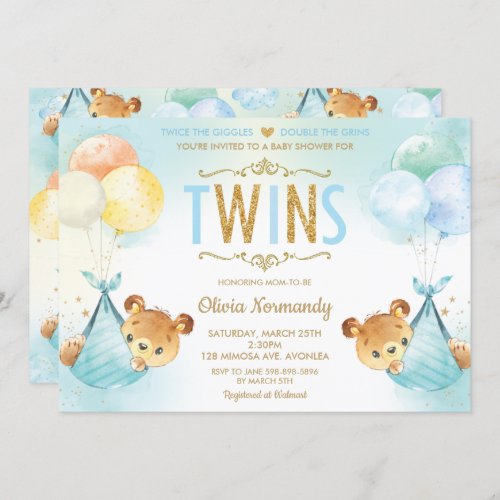 Cute Twins Twin Baby Boys Teddy Bears Baby Shower  Invitation