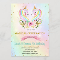 Cute twins unicorn party invitation