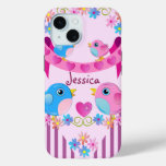 Cute Twitter birds, stripes, flowers &amp; Name iPhone 15 Case