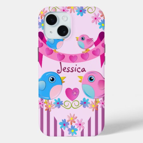 Cute Twitter birds stripes flowers  Name iPhone 15 Case