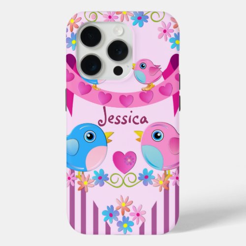 Cute Twitter birds stripes flowers  Name iPhone 15 Pro Case