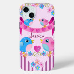 Cute Twitter birds, stripes, flowers &amp; Name iPhone 15 Plus Case