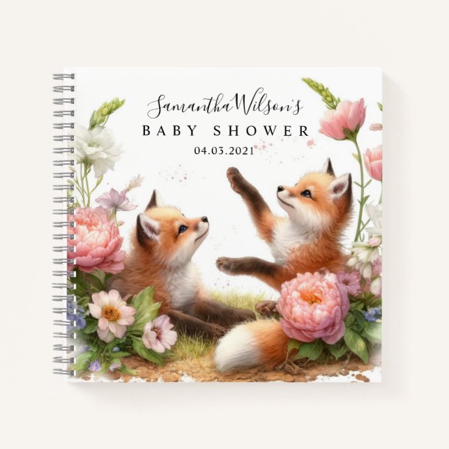 Cute Two Baby Foxes Baby Shower Guest Book (Front)