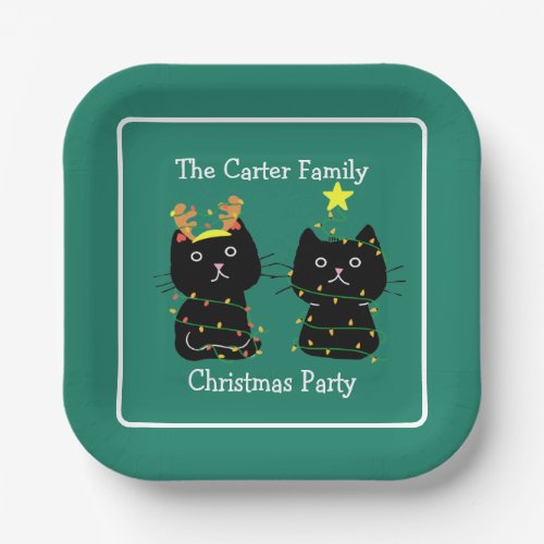 Cute Two Cat Christmas Lights Custom Green Party Paper Plates