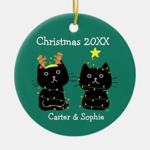 Cute Two Cat Christmas Lights Custom Names Green Ceramic Ornament