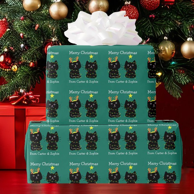 Cute Two Cat Merry Christmas Lights Personalized Wrapping Paper (Creator Uploaded)
